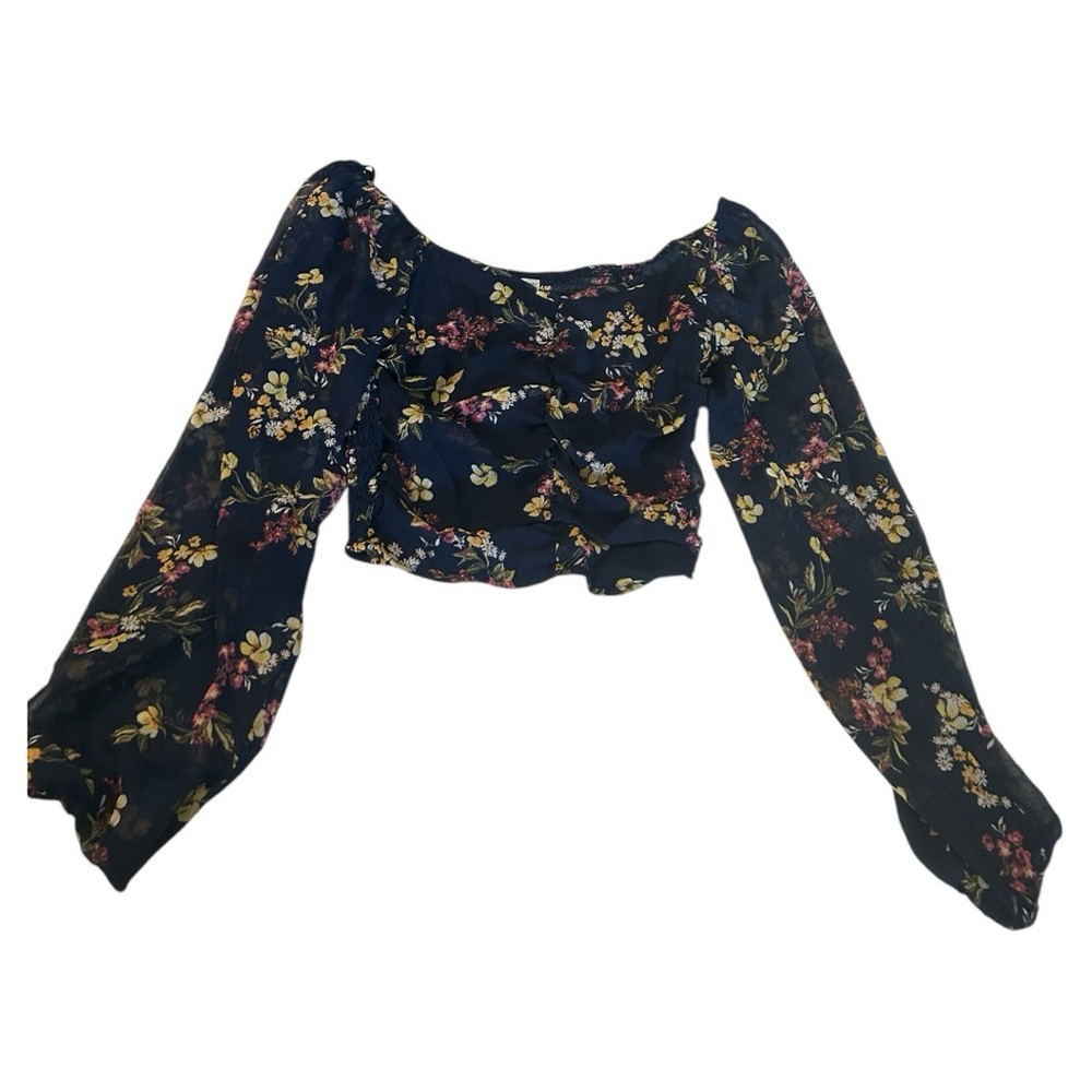 Love, Fire NWT navy floral long sleeve crop top ruched